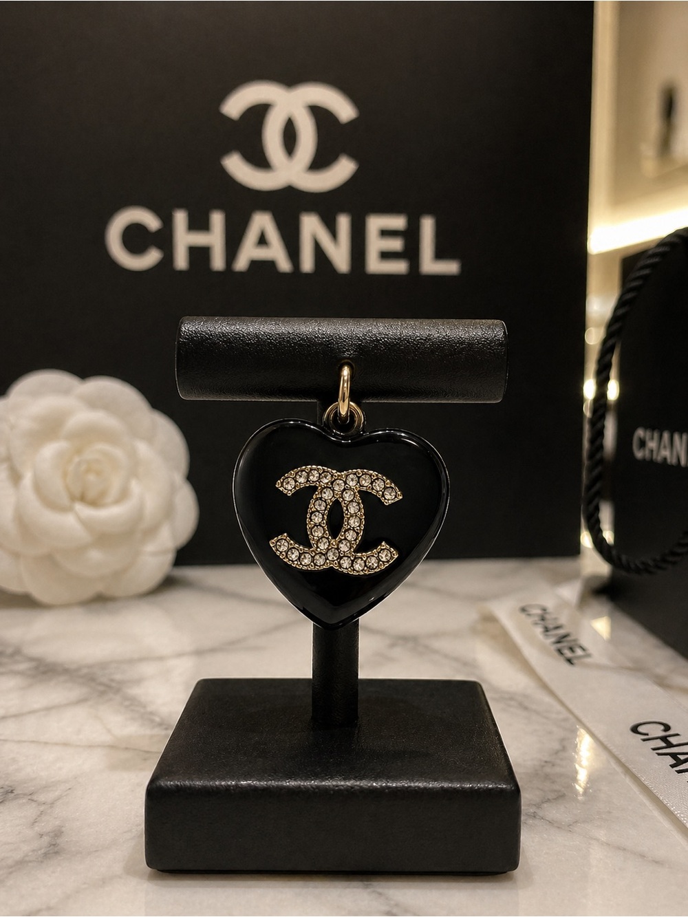 Chanel stamped Black Heart Pendant/ bag charm, zipper pull